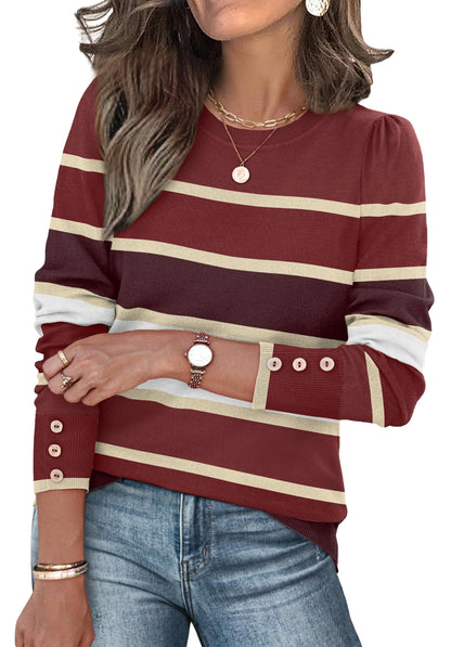 Long Sleeve Button Cuff Soft Knit Pullover Trendy Tops
