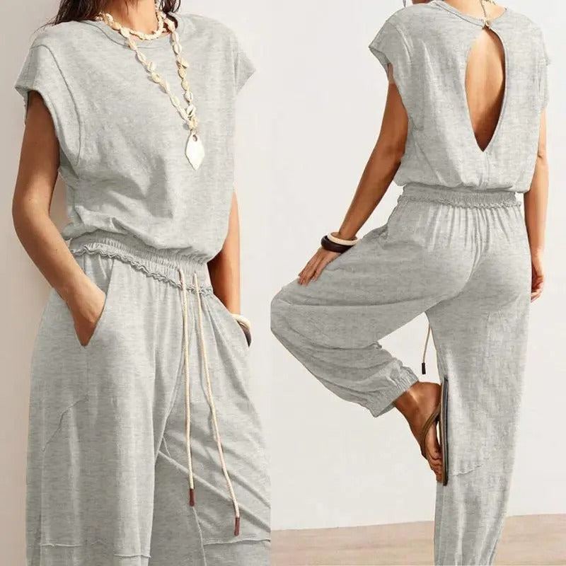 Women's Casual Sleeveless One Piece Jumpsuits Crewneck Cap Sleeve Drawstring Romper Springfresh One Piece Outfits with Pockets