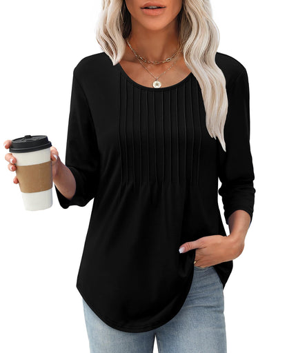 Women's 3/4 Length Sleeve Crewneck Casual Pleated Tunic Tops(buy 3 free shipping)