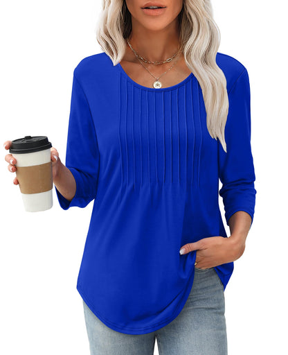 Women's 3/4 Length Sleeve Crewneck Casual Pleated Tunic Tops(buy 3 free shipping)