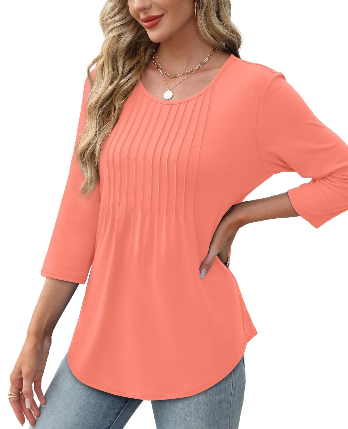 Women's 3/4 Length Sleeve Crewneck Casual Pleated Tunic Tops(buy 3 free shipping)