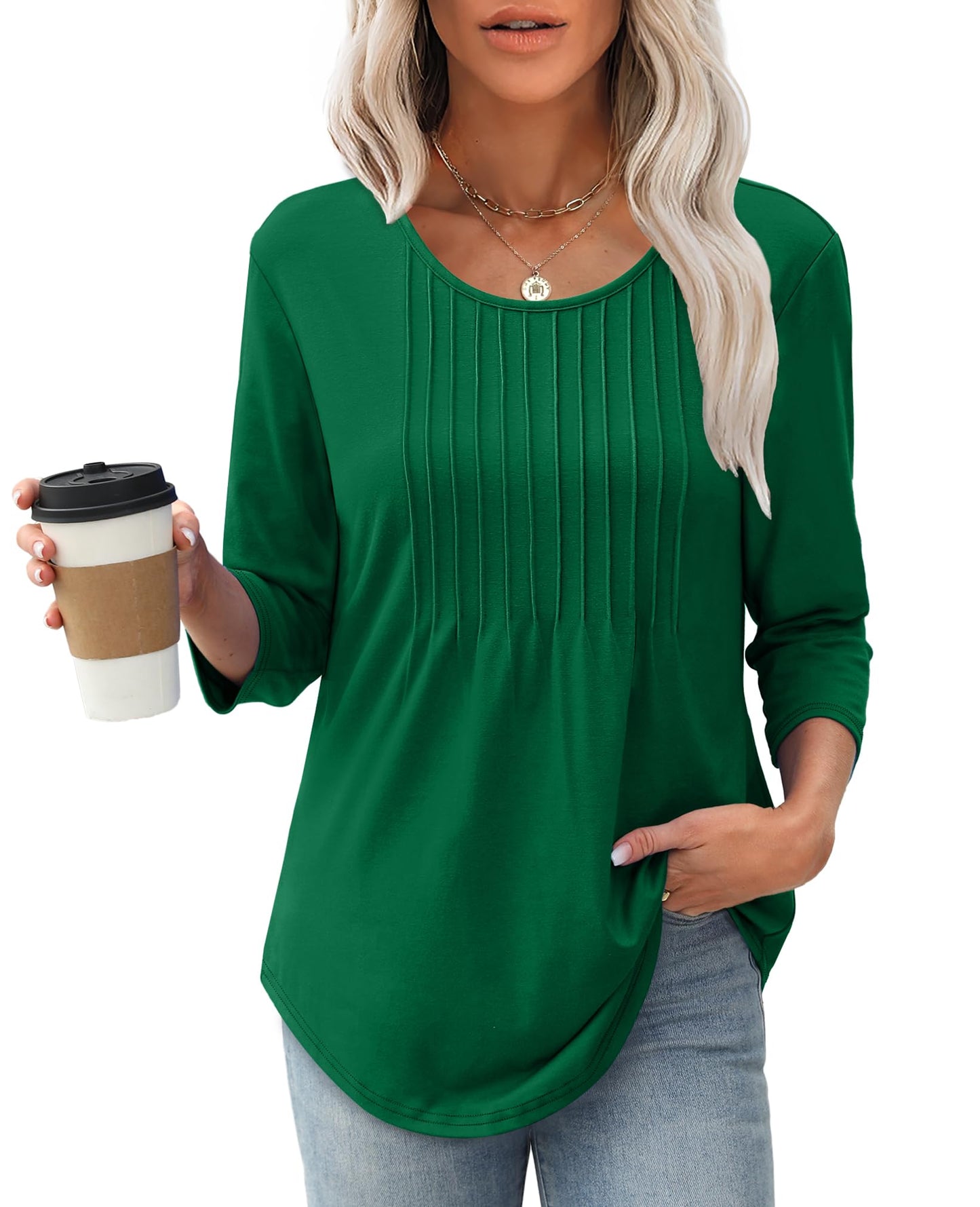 Women's 3/4 Length Sleeve Crewneck Casual Pleated Tunic Tops(buy 3 free shipping)