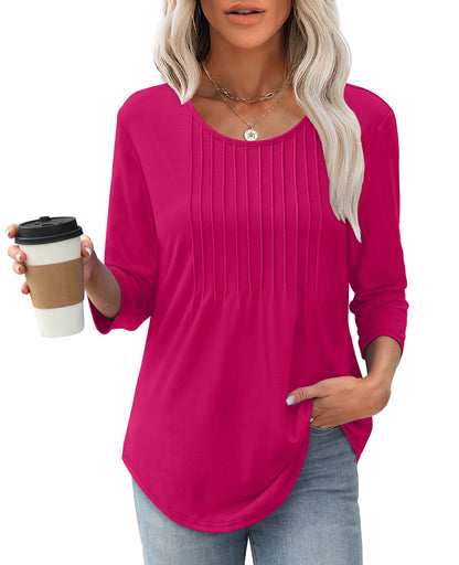 Women's 3/4 Length Sleeve Crewneck Casual Pleated Tunic Tops(buy 3 free shipping)