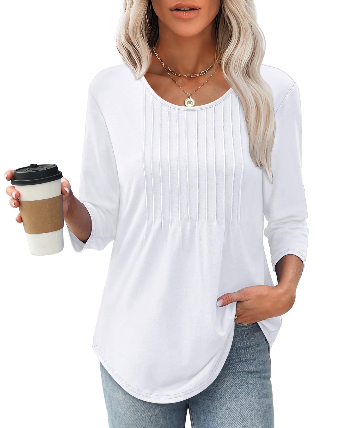 Women's 3/4 Length Sleeve Crewneck Casual Pleated Tunic Tops(buy 3 free shipping)