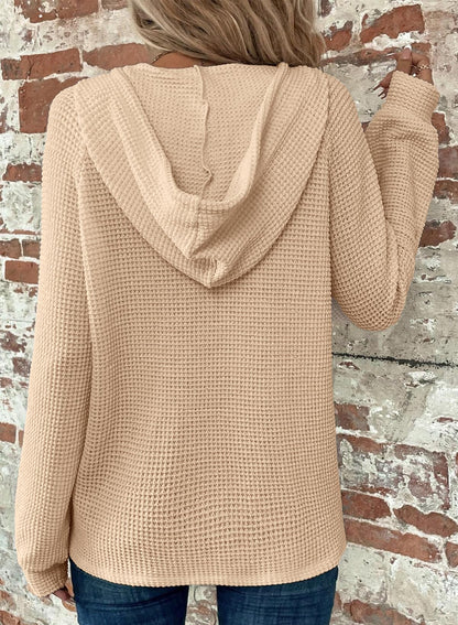 Women's Waffle Knit Drawstring Button V Neck Hooded Sweatshirt
