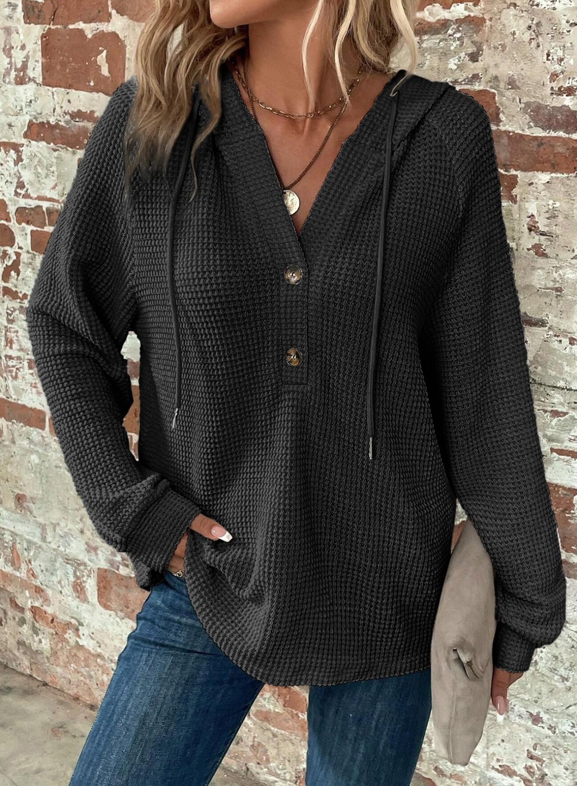 Women's Waffle Knit Drawstring Button V Neck Hooded Sweatshirt