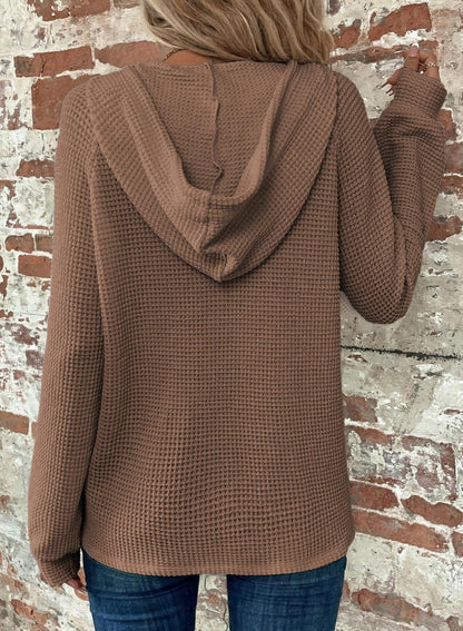 Women's Waffle Knit Drawstring Button V Neck Hooded Sweatshirt