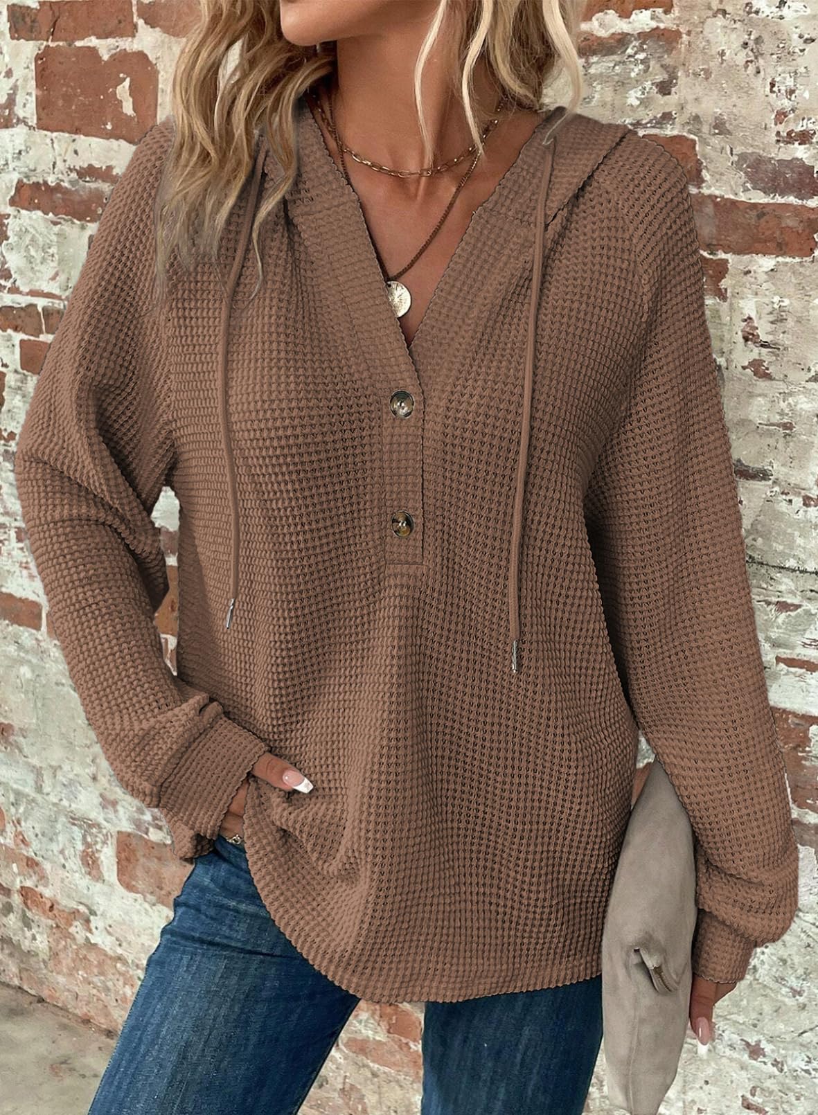 Women's Waffle Knit Drawstring Button V Neck Hooded Sweatshirt