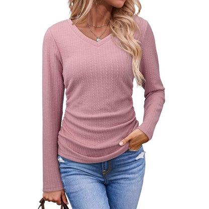 ✨Women's V-Neck Pleated Basic Tunic Long Sleeve Top