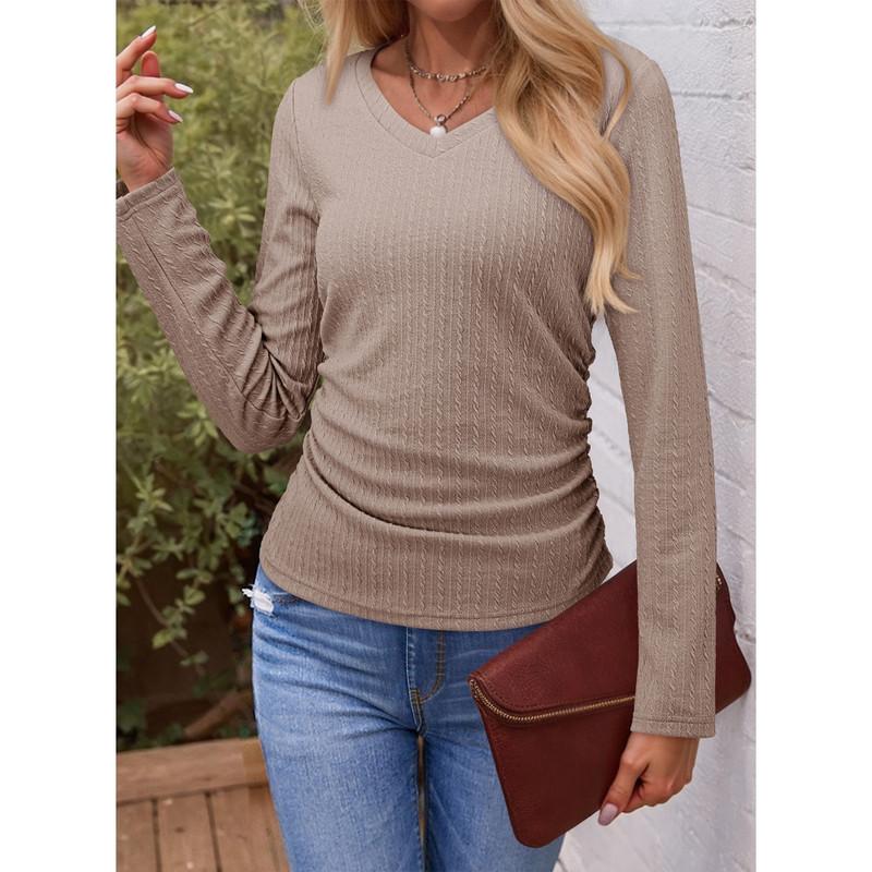 ✨Women's V-Neck Pleated Basic Tunic Long Sleeve Top