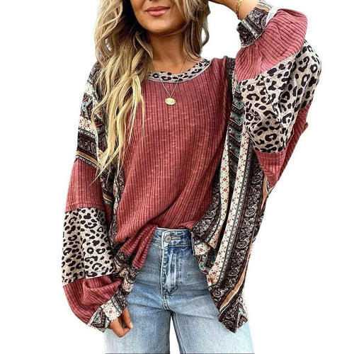 Womens Loose fit Long Sleeve Oversized Retro Leopard Contrast Patchwork Top