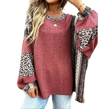Womens Loose fit Long Sleeve Oversized Retro Leopard Contrast Patchwork Top
