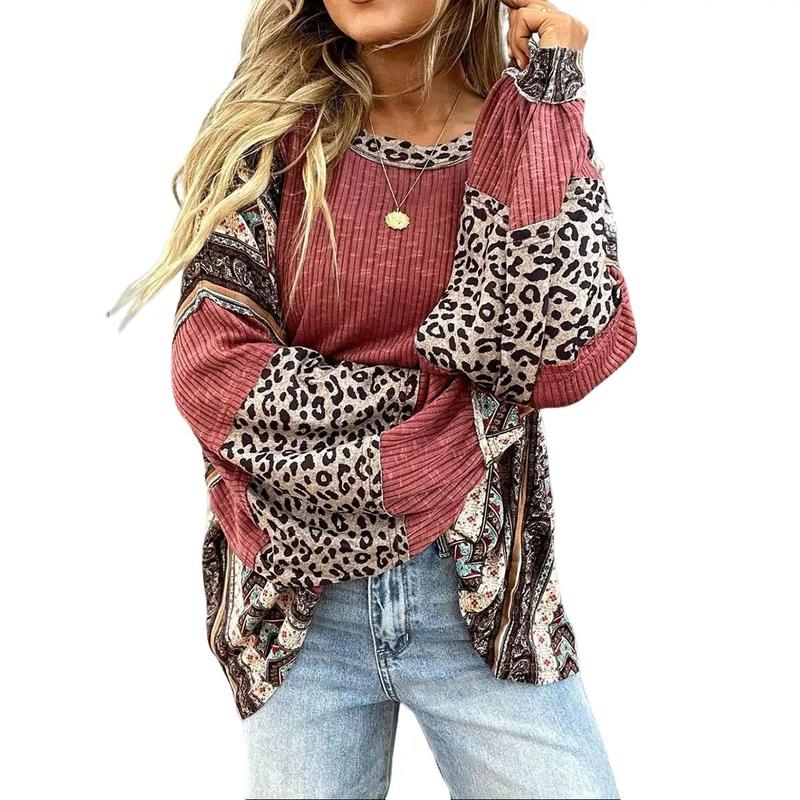 Womens Loose fit Long Sleeve Oversized Retro Leopard Contrast Patchwork Top