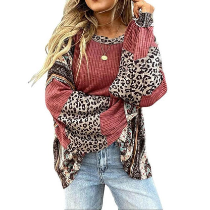 Womens Loose fit Long Sleeve Oversized Retro Leopard Contrast Patchwork Top