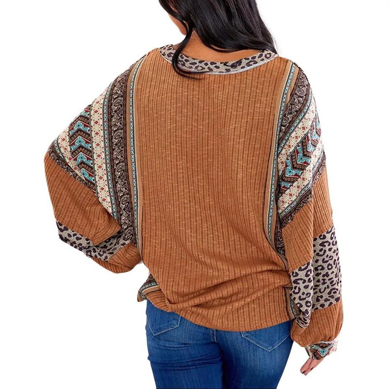 Womens Loose fit Long Sleeve Oversized Retro Leopard Contrast Patchwork Top