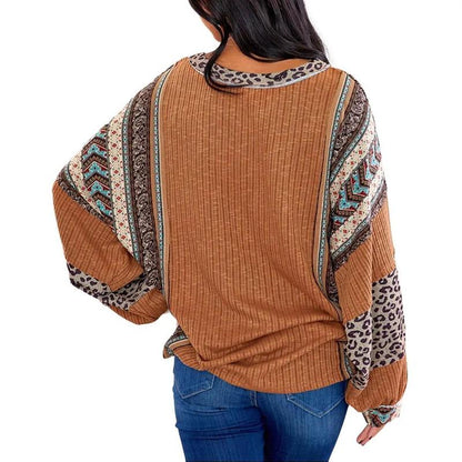 Womens Loose fit Long Sleeve Oversized Retro Leopard Contrast Patchwork Top