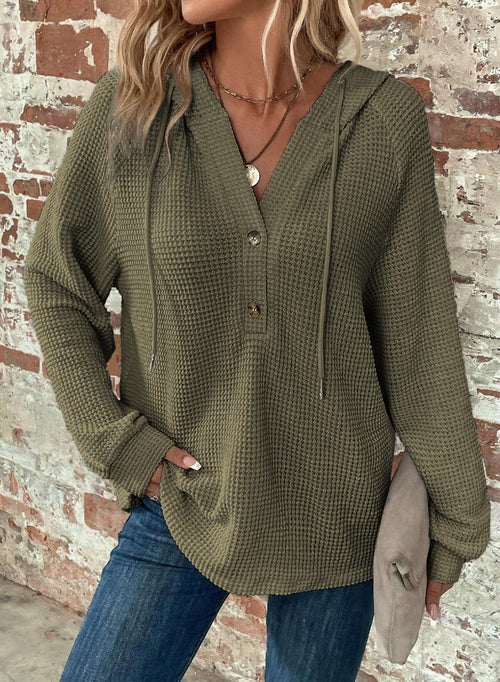 Women's Waffle Knit Drawstring Button V Neck Hooded Sweatshirt