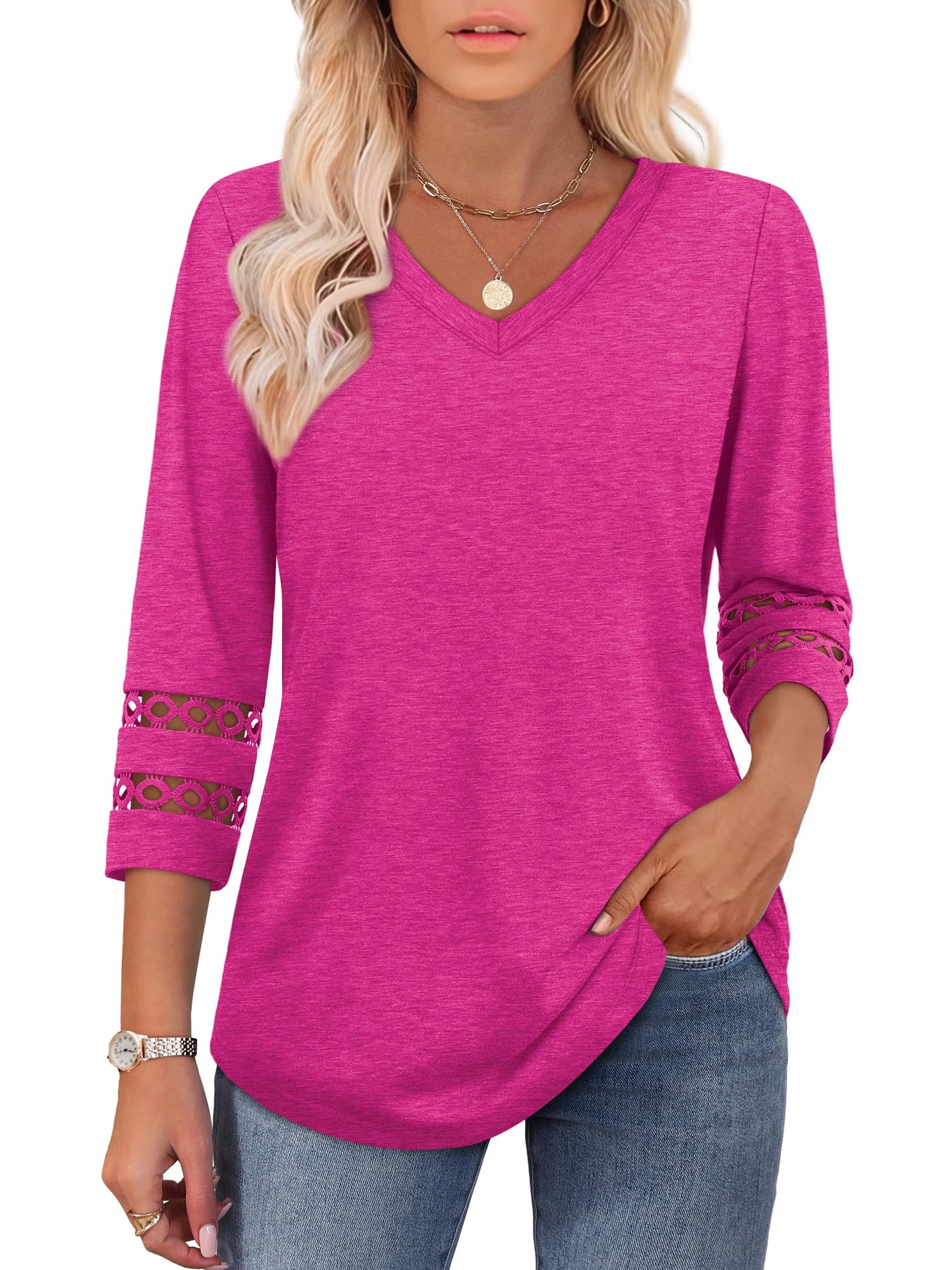 Womens 3/4 Length Sleeve Tops Trendy V Neck T Shirts