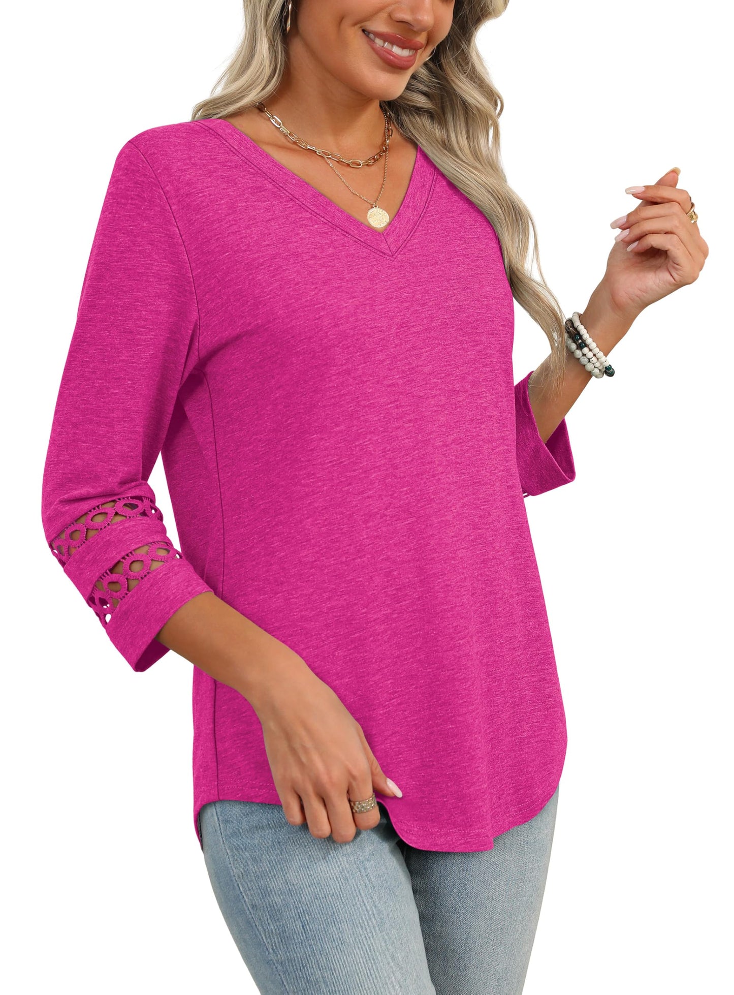 Womens 3/4 Length Sleeve Tops Trendy V Neck T Shirts