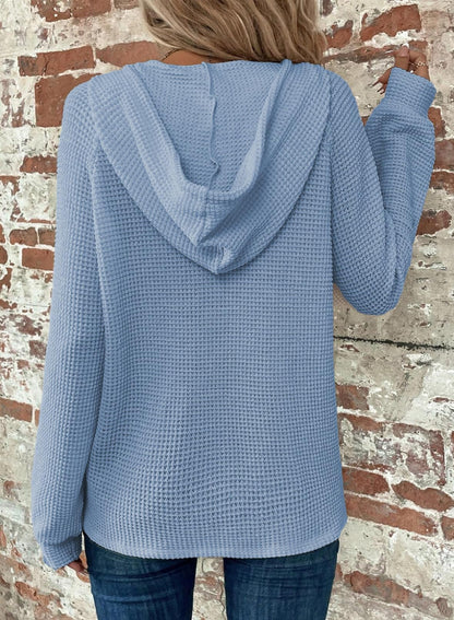 Women's Waffle Knit Drawstring Button V Neck Hooded Sweatshirt