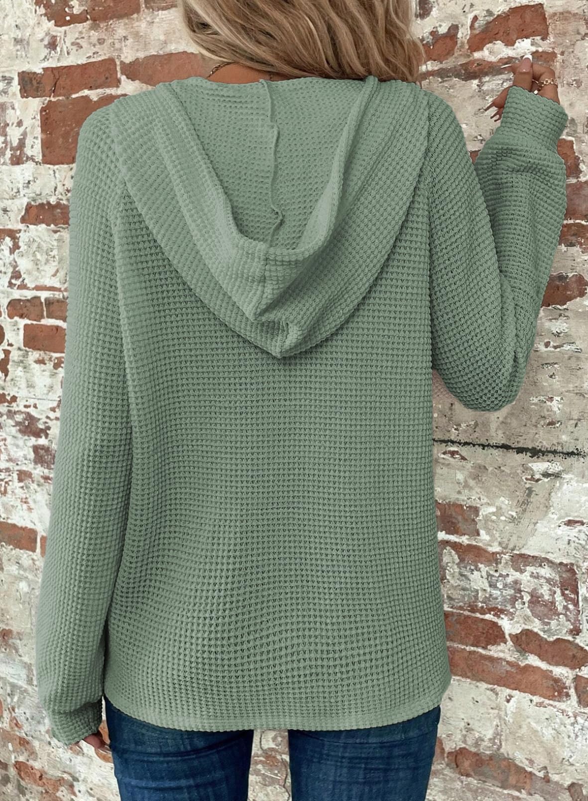 Women's Waffle Knit Drawstring Button V Neck Hooded Sweatshirt