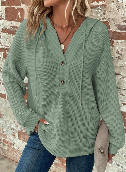 Women's Waffle Knit Drawstring Button V Neck Hooded Sweatshirt