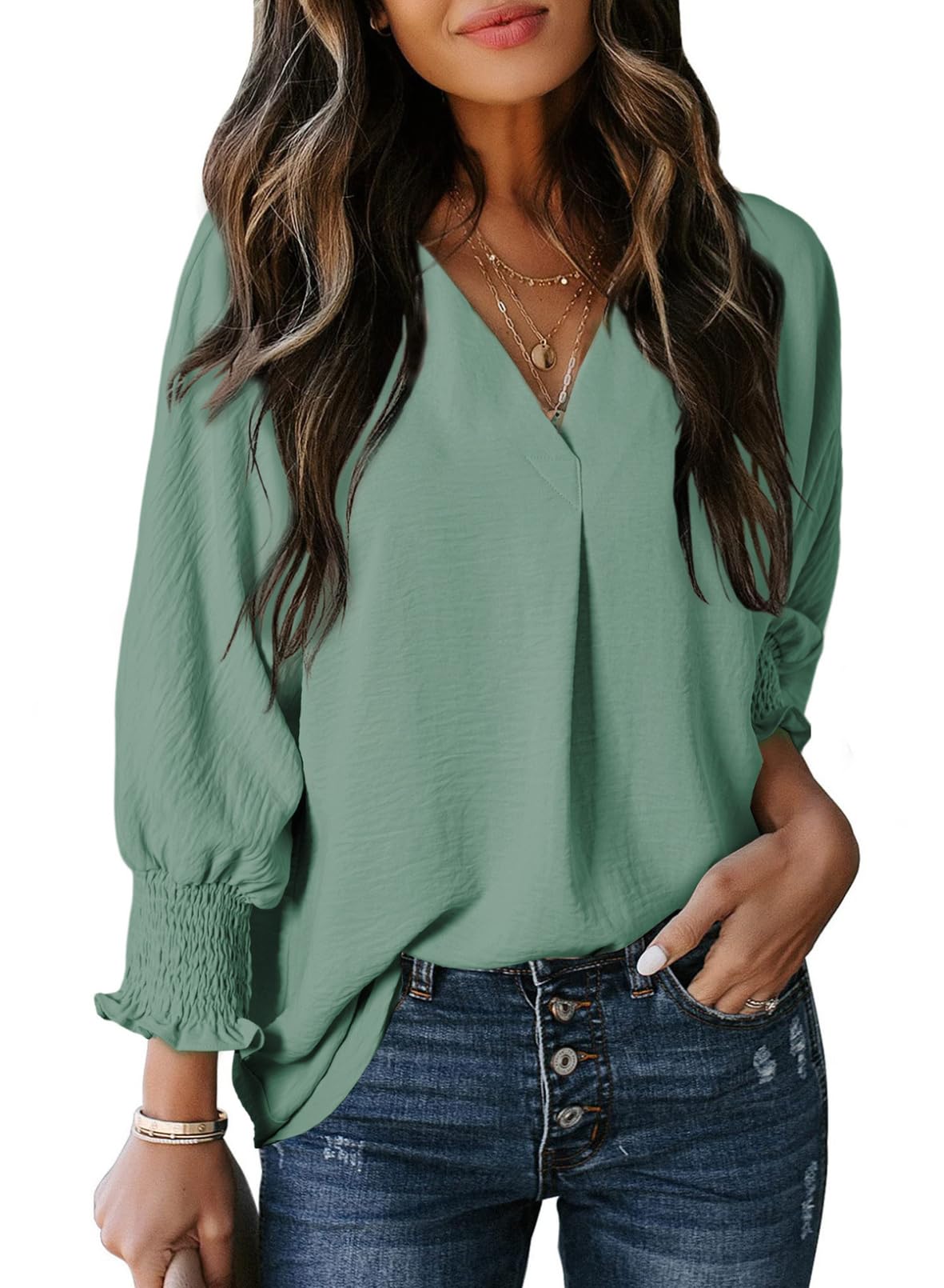 🔥Hot Sale-Womens Casual 3/4 Sleeve V Neck Loose Fit Basic Tees (BUY 3 FREE SHIPPING)