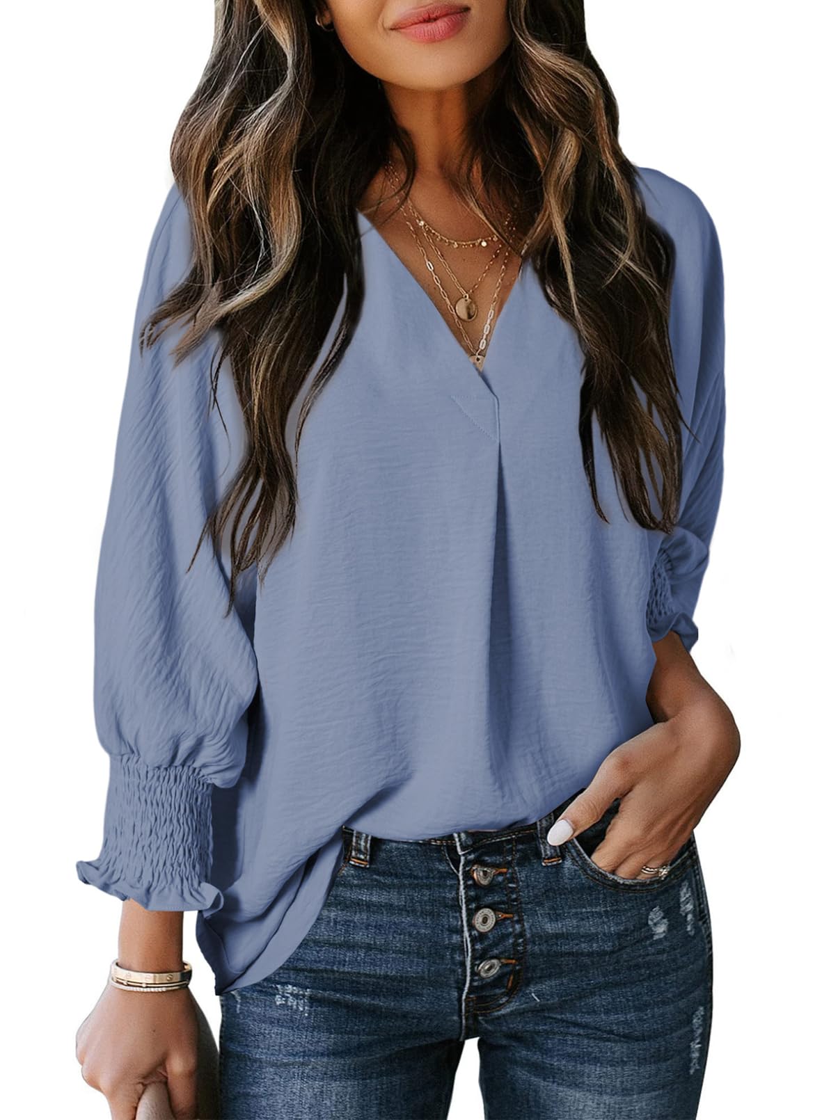 🔥Hot Sale-Womens Casual 3/4 Sleeve V Neck Loose Fit Basic Tees (BUY 3 FREE SHIPPING)