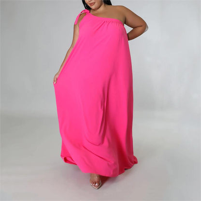 2023 Plus Size One Shoulder Solid Maxi Dress