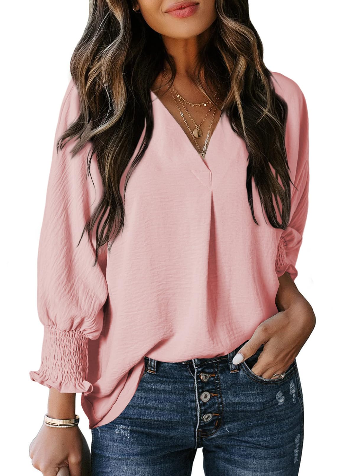 🔥Hot Sale-Womens Casual 3/4 Sleeve V Neck Loose Fit Basic Tees (BUY 3 FREE SHIPPING)