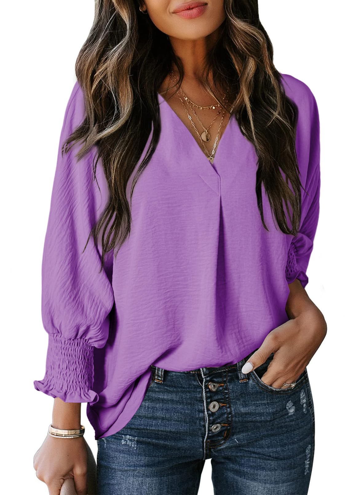🔥Hot Sale-Womens Casual 3/4 Sleeve V Neck Loose Fit Basic Tees (BUY 3 FREE SHIPPING)