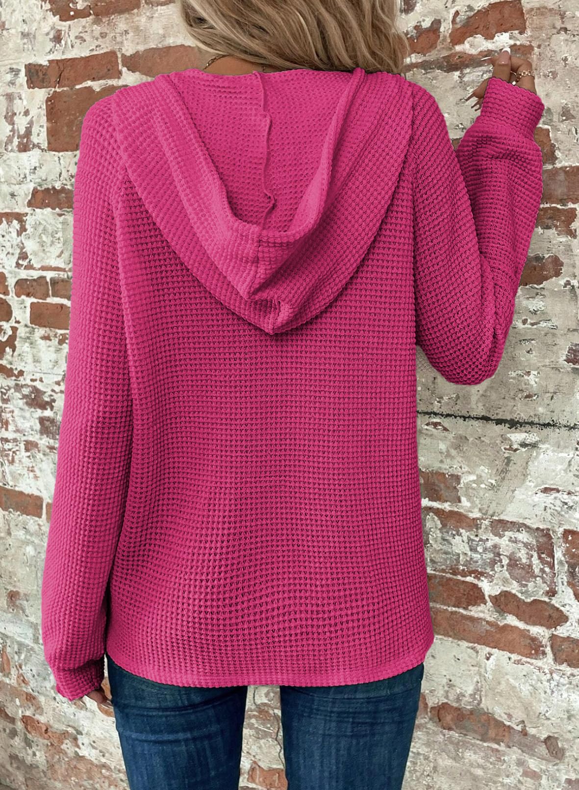 Women's Waffle Knit Drawstring Button V Neck Hooded Sweatshirt