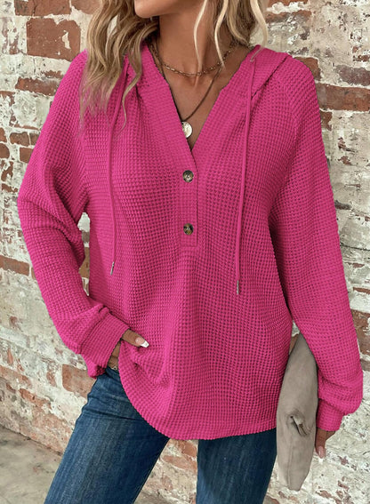 Women's Waffle Knit Drawstring Button V Neck Hooded Sweatshirt