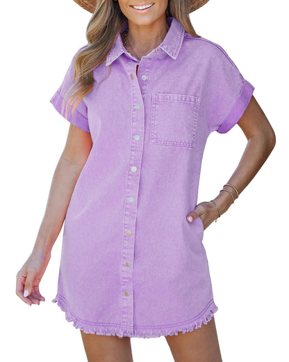 ✨Women's Button Down Frayed Hem Denim Shirt Dresses(BUY 2 FREE SHIPPING)