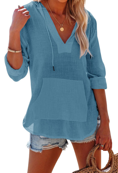 ✨Women's Long Sleeve V Neck Pocketed Hooded Shirt Top