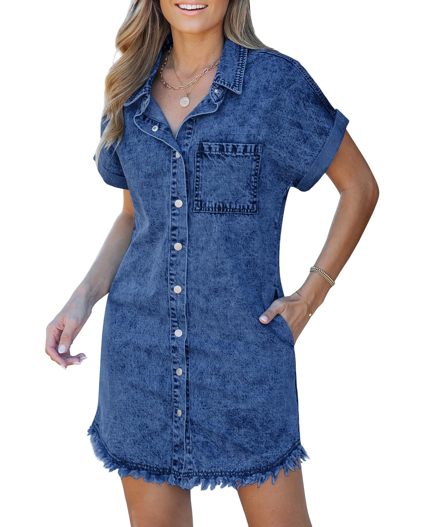 ✨Women's Button Down Frayed Hem Denim Shirt Dresses(BUY 2 FREE SHIPPING)