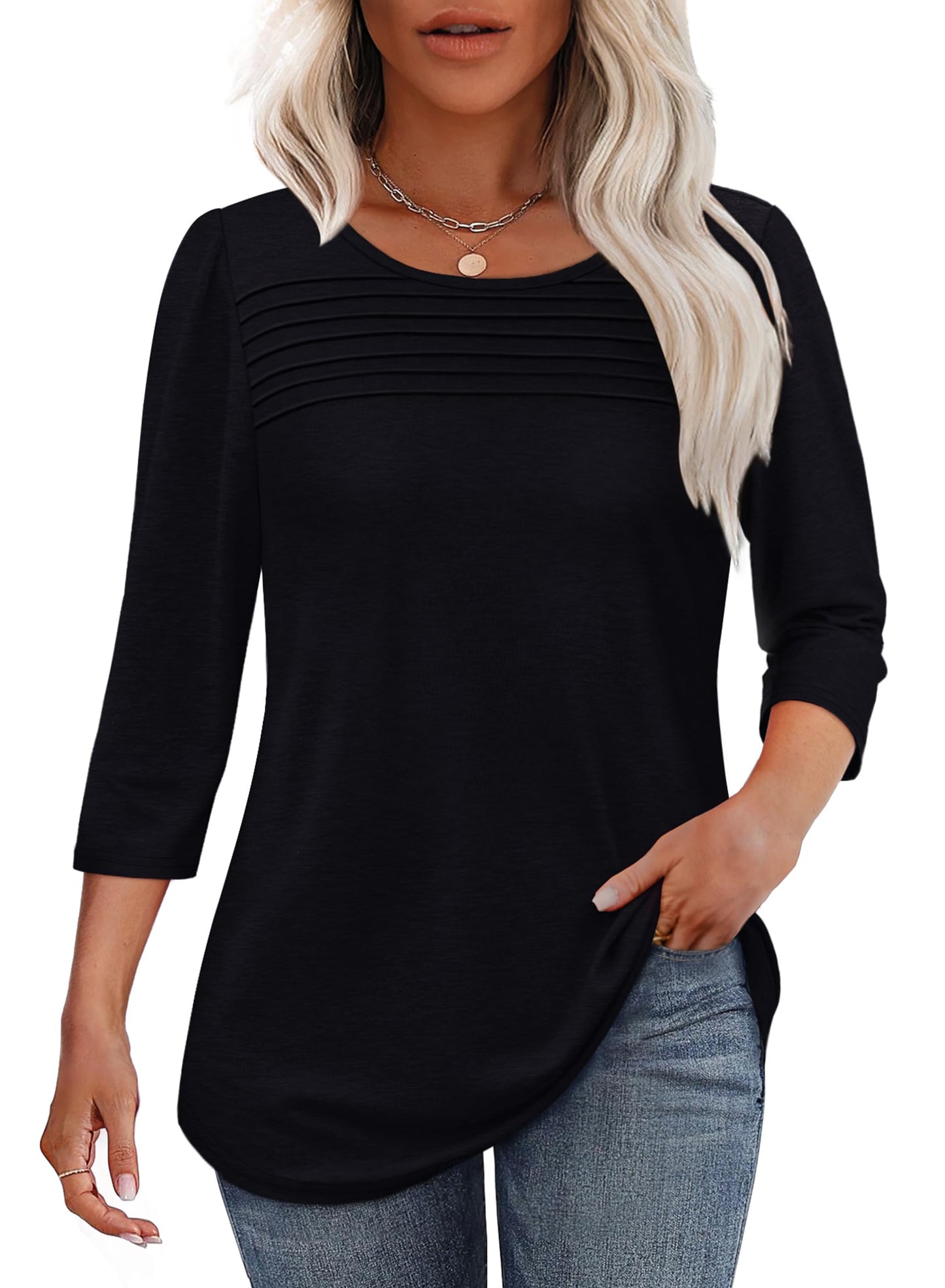 ✨ Women's 3/4 Length Sleeve Top Pleated Front T-Shirt(buy 3 free shipping)