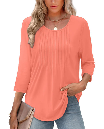 Women's 3/4 Length Sleeve Crewneck Casual Pleated Tunic Tops(buy 3 free shipping)