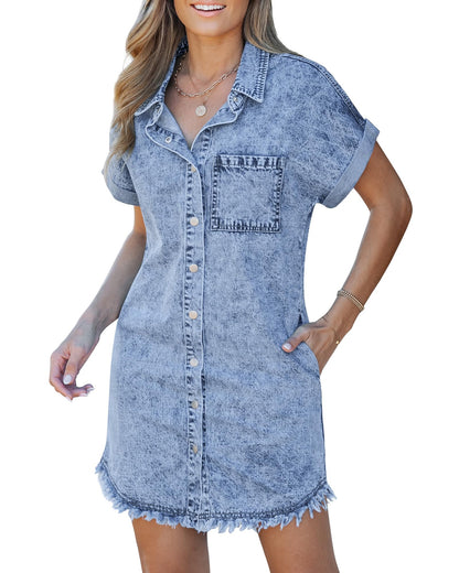 ✨Women's Button Down Frayed Hem Denim Shirt Dresses(BUY 2 FREE SHIPPING)