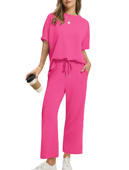 Women Oversized Tshirt and Wide Leg Crop Pants 2 Piece Sets