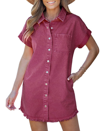✨Women's Button Down Frayed Hem Denim Shirt Dresses(BUY 2 FREE SHIPPING)