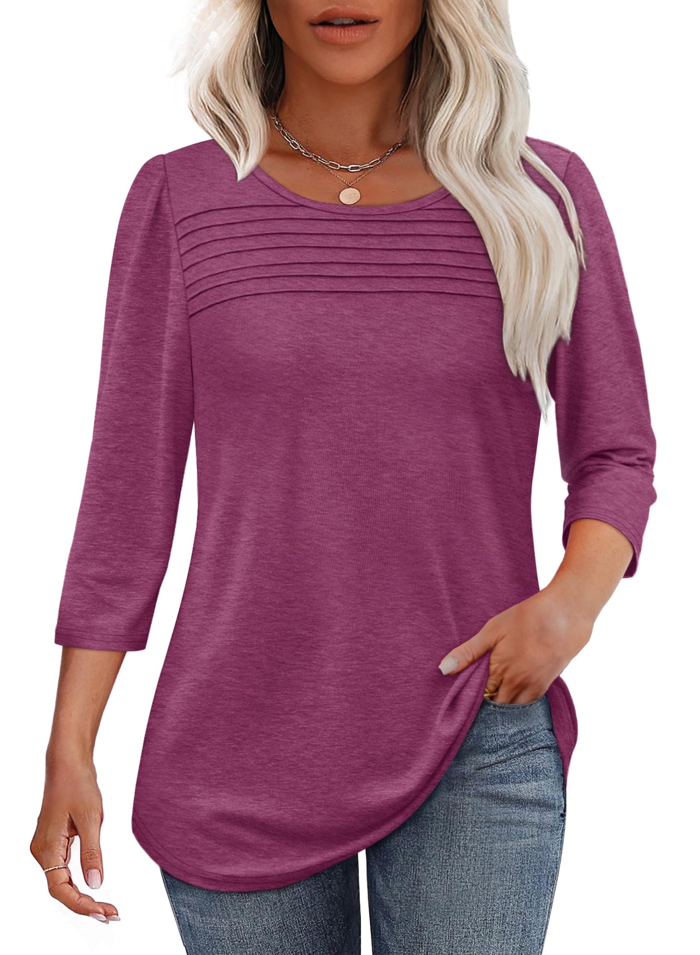 ✨ Women's 3/4 Length Sleeve Top Pleated Front T-Shirt(buy 3 free shipping)