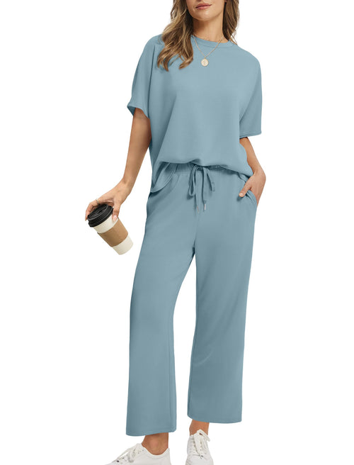 Women Oversized Tshirt and Wide Leg Crop Pants 2 Piece Sets
