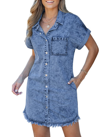 ✨Women's Button Down Frayed Hem Denim Shirt Dresses(BUY 2 FREE SHIPPING)