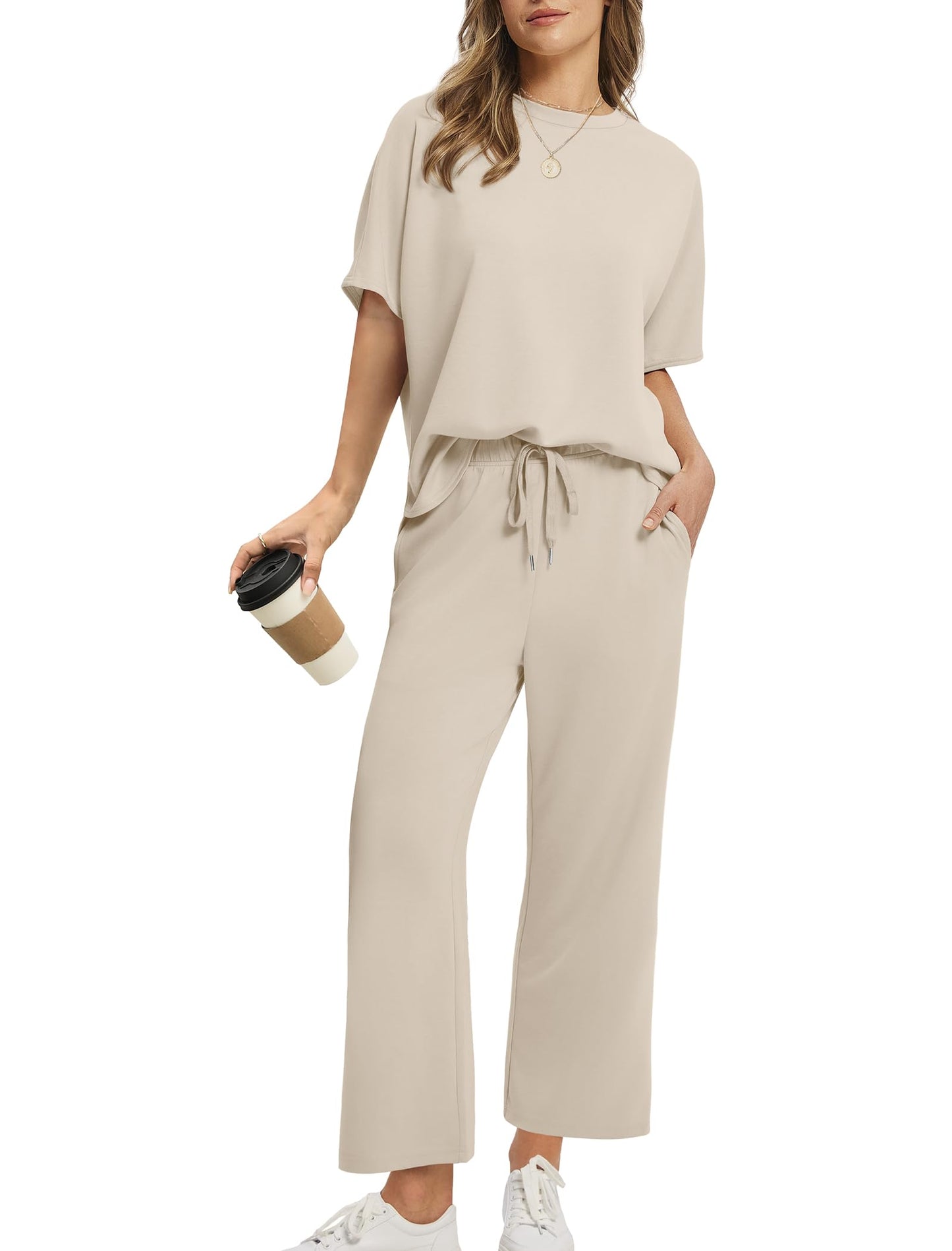Women Oversized Tshirt and Wide Leg Crop Pants 2 Piece Sets