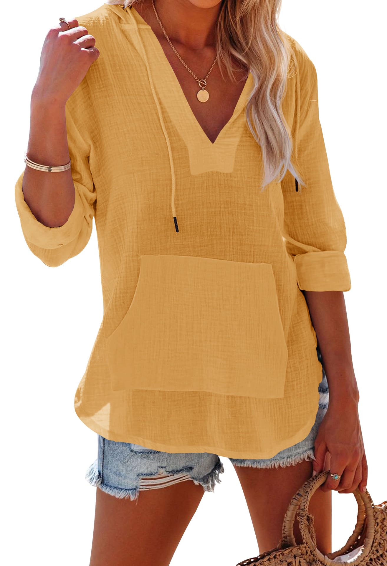 ✨Women's Long Sleeve V Neck Pocketed Hooded Shirt Top