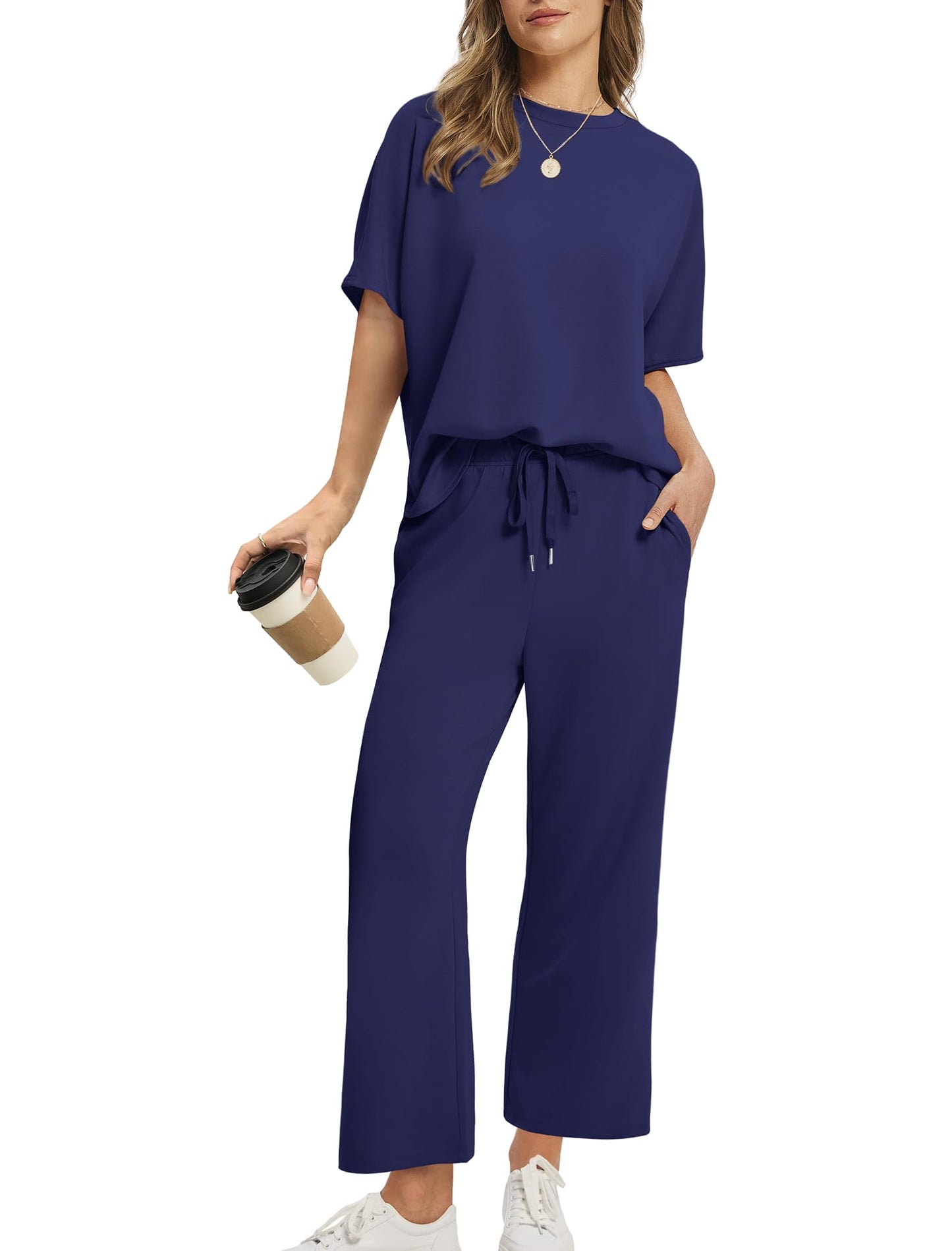 Women Oversized Tshirt and Wide Leg Crop Pants 2 Piece Sets
