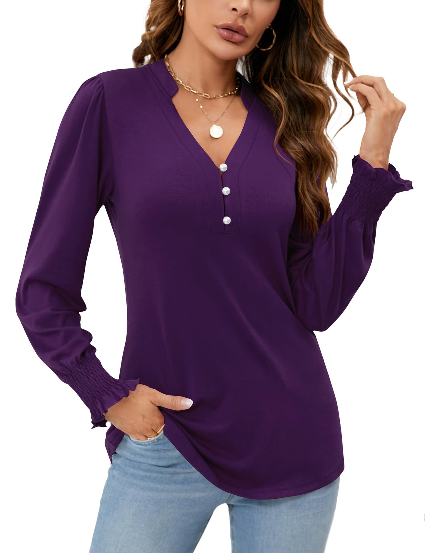 Womens V Neck Puff Long Sleeve Ruffle Cuffs Tunic Blouses