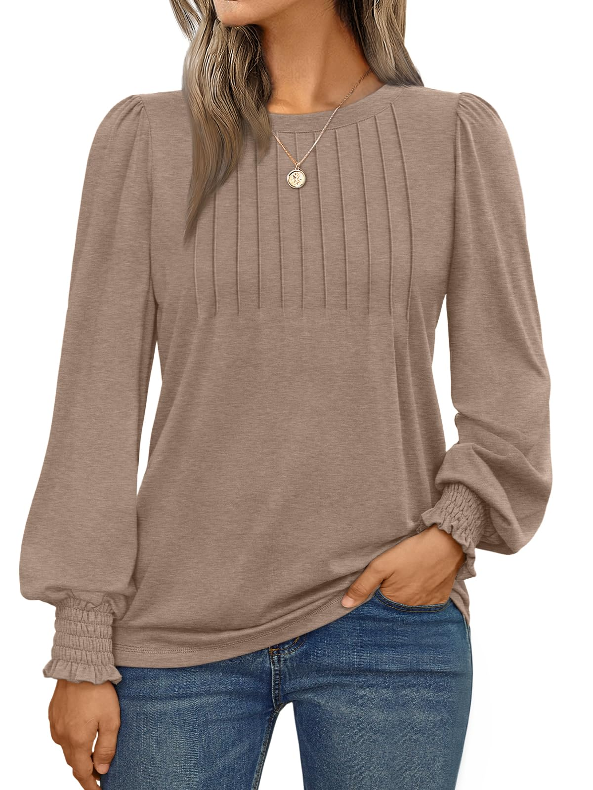 Long Sleeve Shirts Womens Pleated Business Casual Blouses