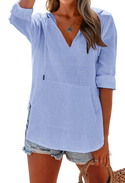 ✨Women's Long Sleeve V Neck Pocketed Hooded Shirt Top